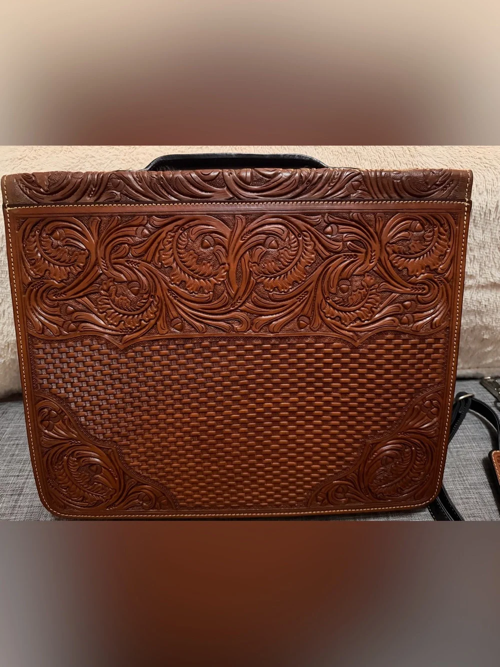 Premium Tooled Leather Crossbody Briefcase - Brown